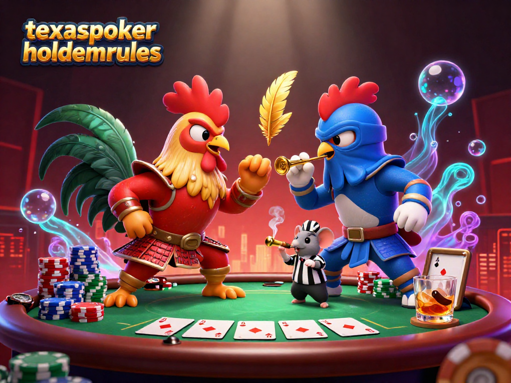 Engage in the thrill of texas poker hold'em rules with a dramatic showdown of cartoon roosters in a casino.