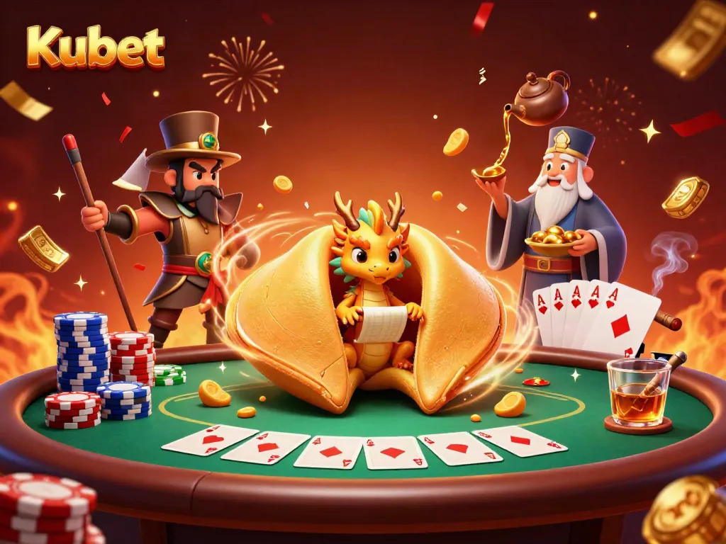 Kubet showcases a vibrant 3D illustration of a golden fortune cookie and poker elements, celebrating online gambling.
