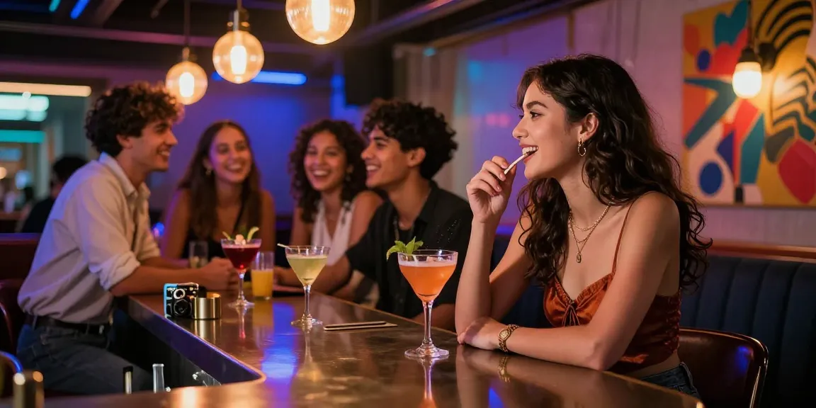 Gái gọi trong không gian nightlife sôi động cùng bạn bè, ánh đèn neon rực rỡ.
