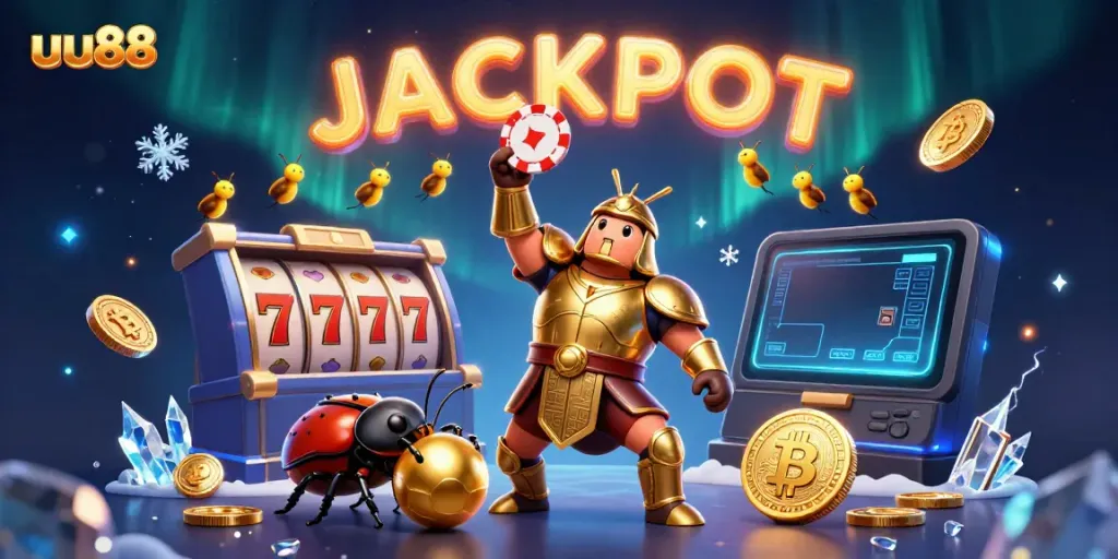 uu88's dynamic 3D scene featuring a victorious beetle and gaming elements celebrating a casino win.