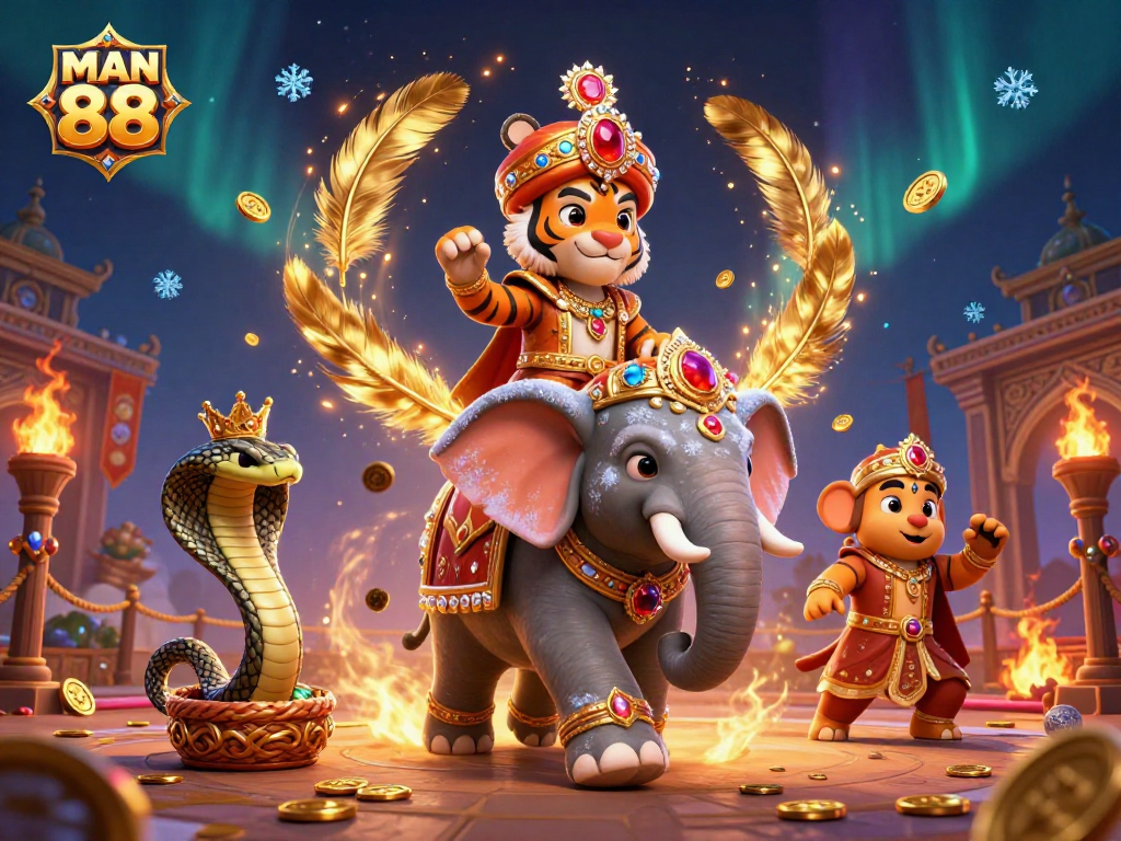 Experience the excitement of MAN 88 as the maharaja tiger and jewel-encrusted elephant prepare for a thrilling casino showdown.