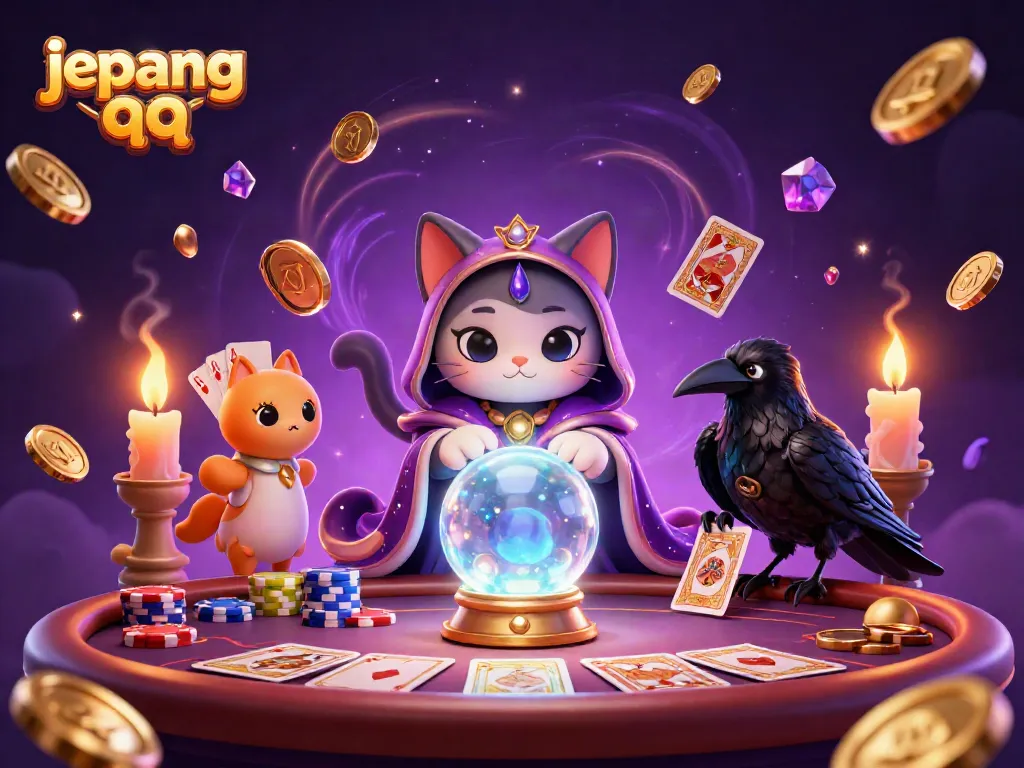 Permainan jin poker di Jepang QQ dengan koin emas berceceran dan kartu remi menunjukkan kombinasi terbaik.