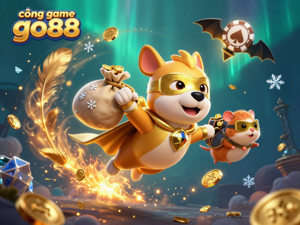 Experience thrilling adventures at cổng game go88 with a superhero dog and hamster amidst dazzling casino elements.