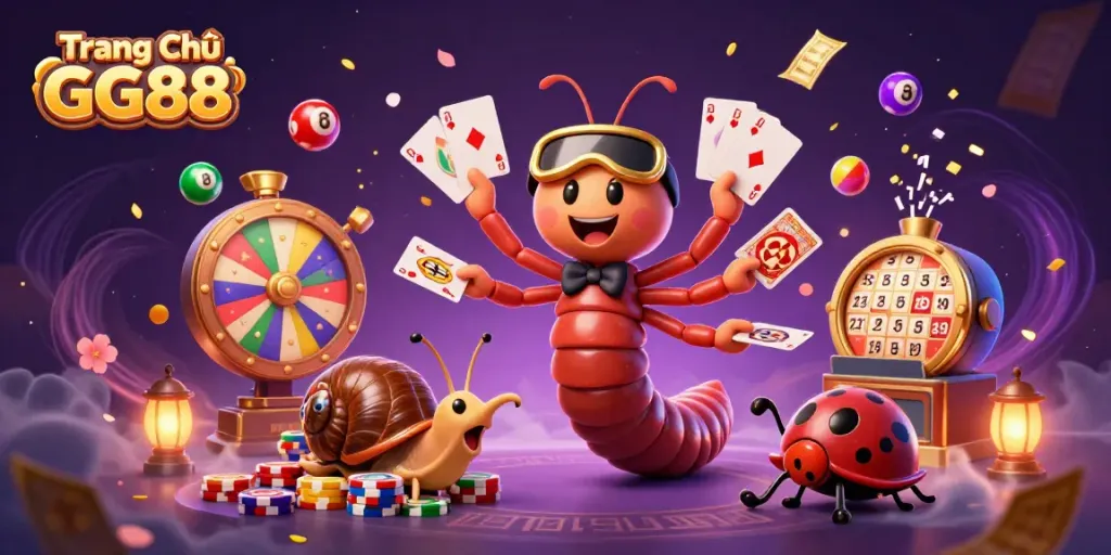 Join the excitement at Trang Chủ GG88 with vibrant 3D elements celebrating online gaming.