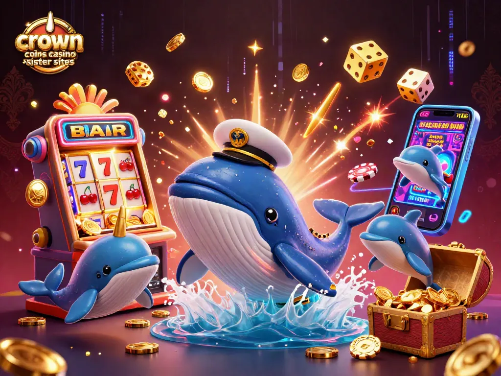 Catch thrilling action at crown coins casino sister sites with whales, dolphins, and vibrant slot machine elements.