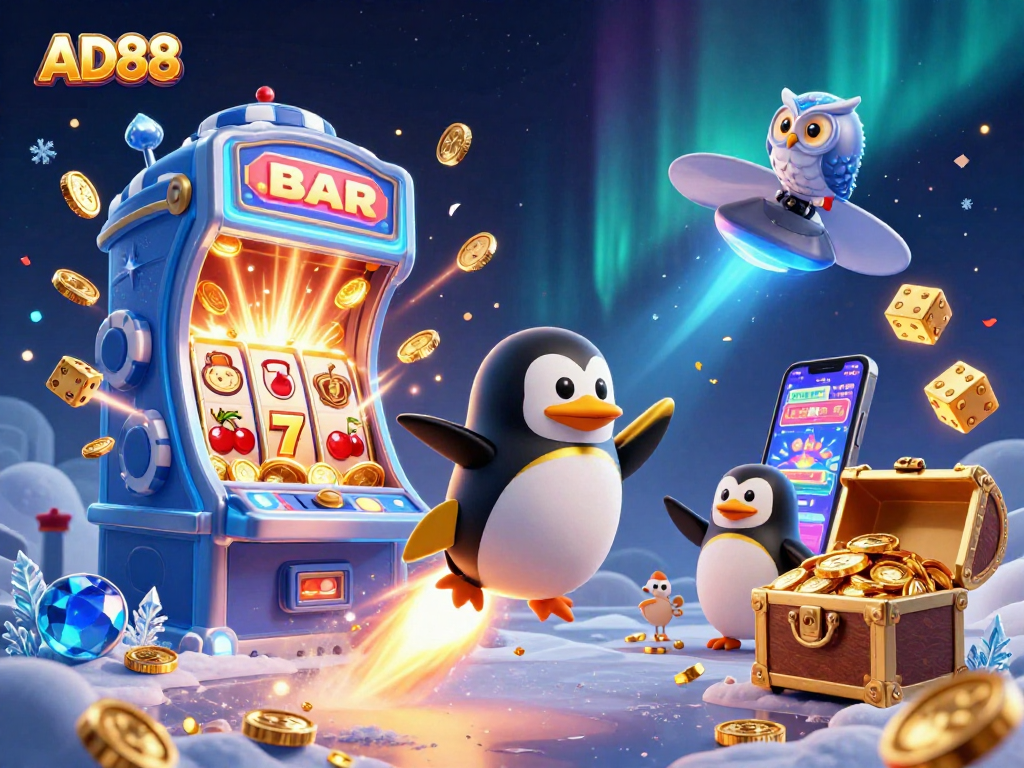 Experience AD88's thrilling casino adventure with a rocket-powered penguin amidst exploding jackpots and colorful games.