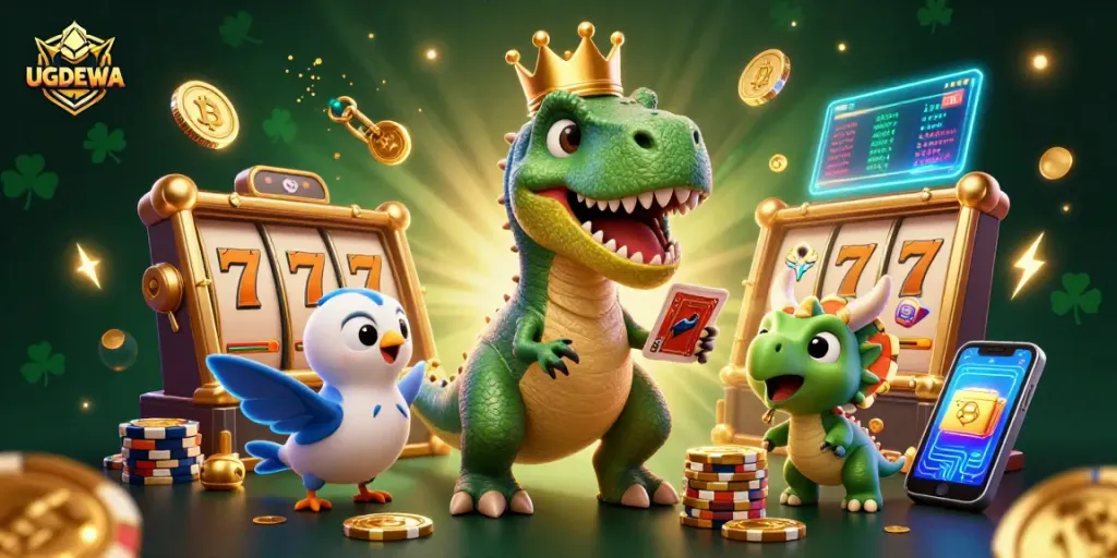 Engage in casino fun with UGDEWA as a playful T-Rex shuffles cards while a baby triceratops stacks chips.