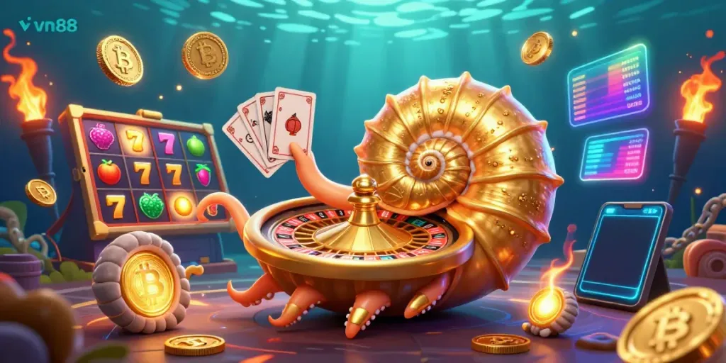 Experience thrilling gameplay at vn88 with ancient nautilus roulette, vibrant slot reels, and glowing crypto coins.
