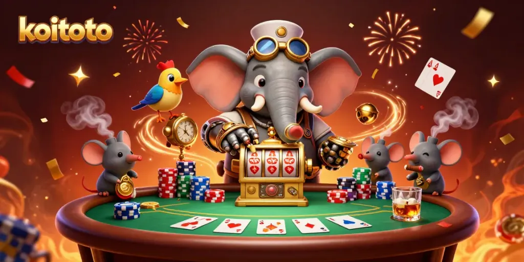 Koitoto game emblem showcasing a steampunk elephant engineer spinning a golden slot machine with vibrant casino elements.