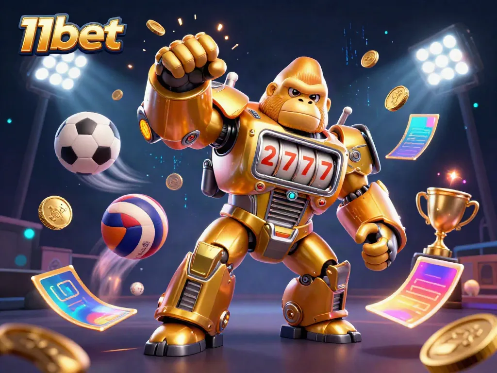 Engage in thrilling gameplay with 11bet, featuring a dynamic golden gorilla mech and sports elements.
