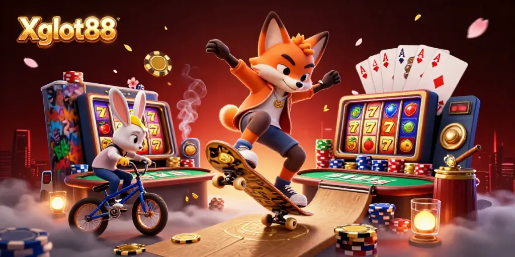 Xgslot88 menghadirkan momen seru dengan rubah skateboard yang melakukan kickflip di atas chip poker emas dan kelinci BMX yang beraksi bersama.
