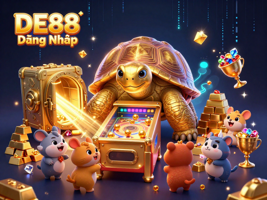 Experience thrilling gameplay at DE88 Đăng Nhập with a captivating golden tortoise pinball machine and rich treasures, embodying excitement.