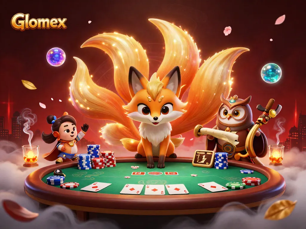 Experience thrilling poker action with Glomex, showcasing a colorful fox spirit and vibrant casino elements.