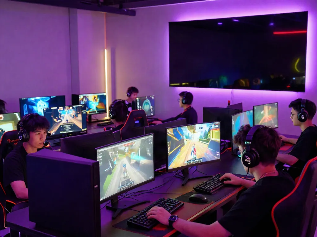 Luxury111 login scene in a vibrant gaming lounge with players engaged in competitive online gaming.