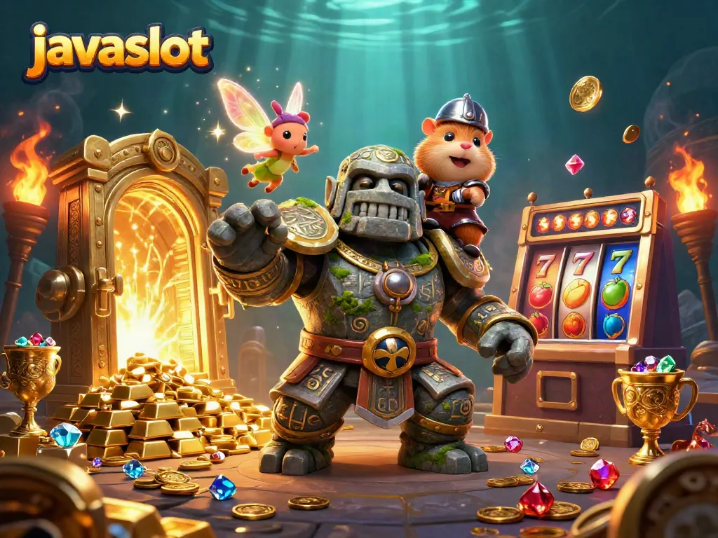 Menangkan jackpot javaslot dengan golem dan peri, dikelilingi emas dan permata yang berkilau.