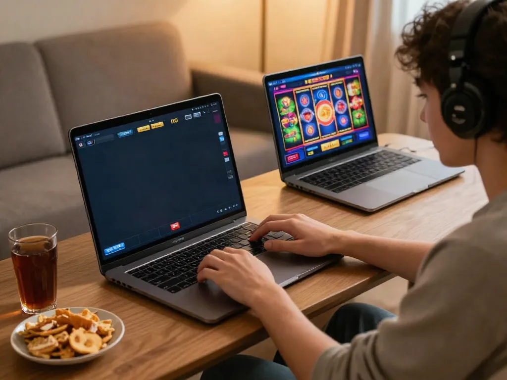 Akunjp online gambling interface with a user enjoying slot games in a cozy home setting