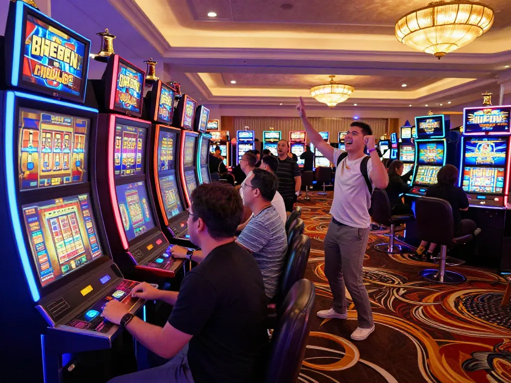 Exciting slot machine gaming scene featuring players enjoying colorful สล็อต machines in a vibrant casino atmosphere.