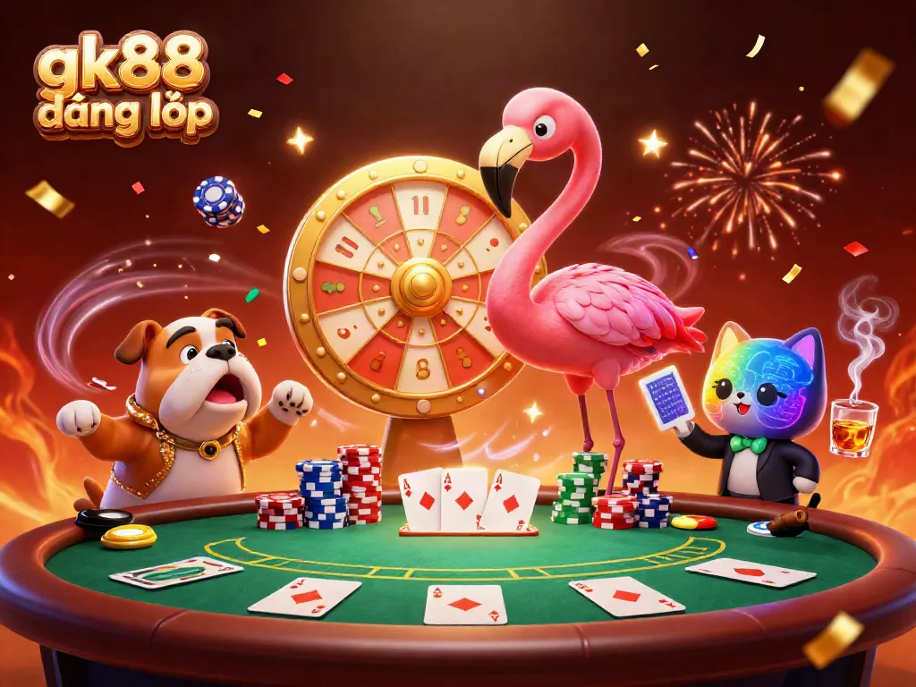 Spin the prize wheel at gk88 đăng nhập with a game show host flamingo and excited bulldog contestant.