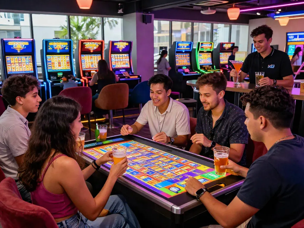 Dynamic gaming lounge scene showcasing friends enjoying the nyonya4d lottery experience with exciting ambience and vibrant decor.