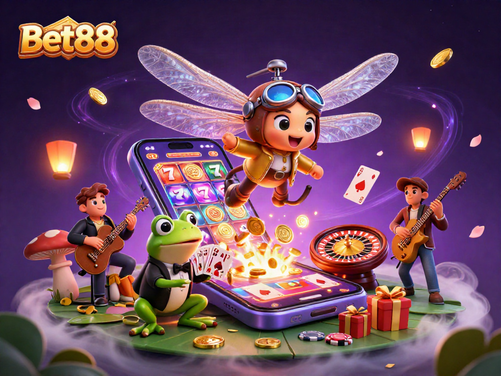 Experience thrilling gaming action with Bet88 at a vibrant lily pad casino featuring engaging characters and exciting elements.