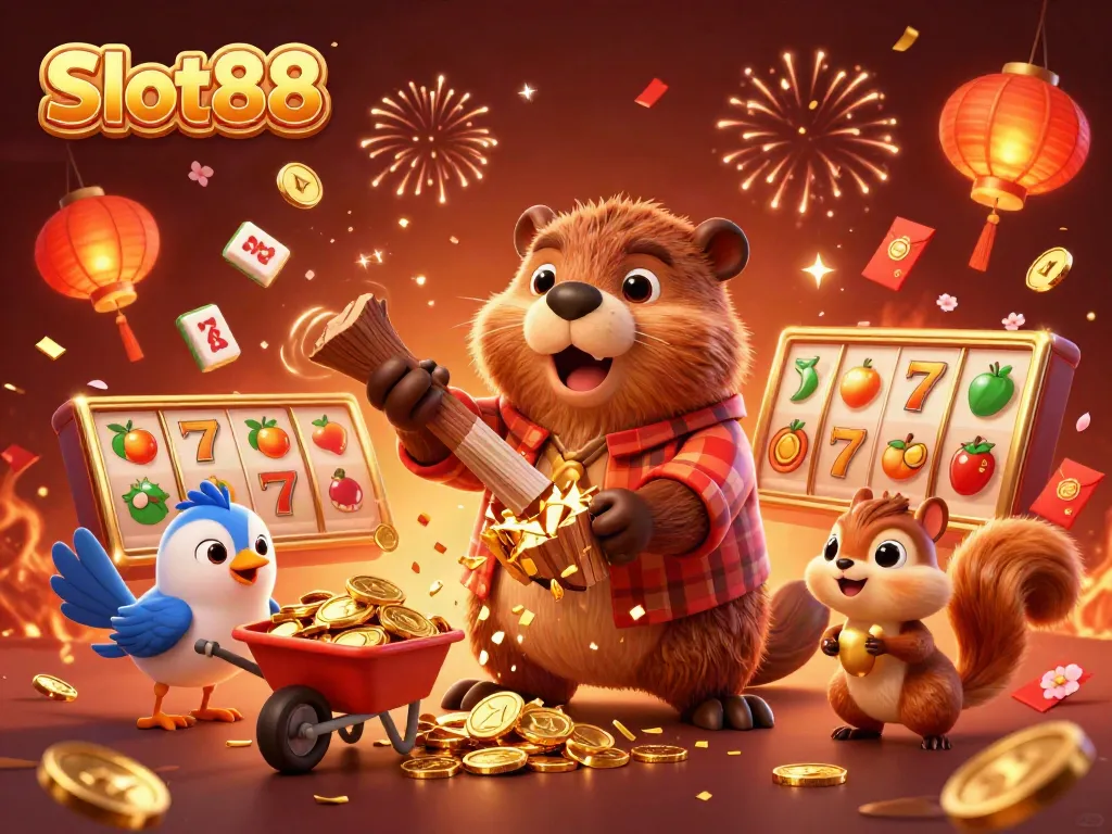 Engage with Slot88’s exciting world of 3D cartoon characters celebrating a jackpot with festive elements.