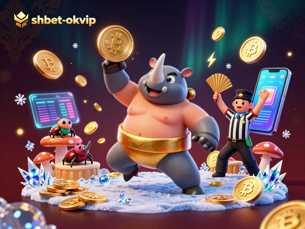 Experience shbet-okvip excitement with vibrant 3D casino scene featuring dynamic beetle characters and glowing crypto coins.