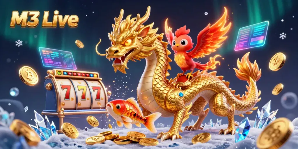 Engage with M3 Live's thrilling gaming experience featuring a dragon, phoenix, and koi amidst slot reels and coins.