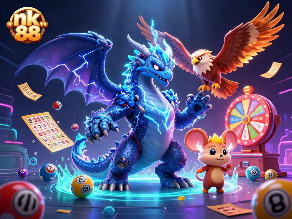 Win big with nk 88 as vibrant colorful lottery balls and game elements dynamically surround powerful cartoon characters.