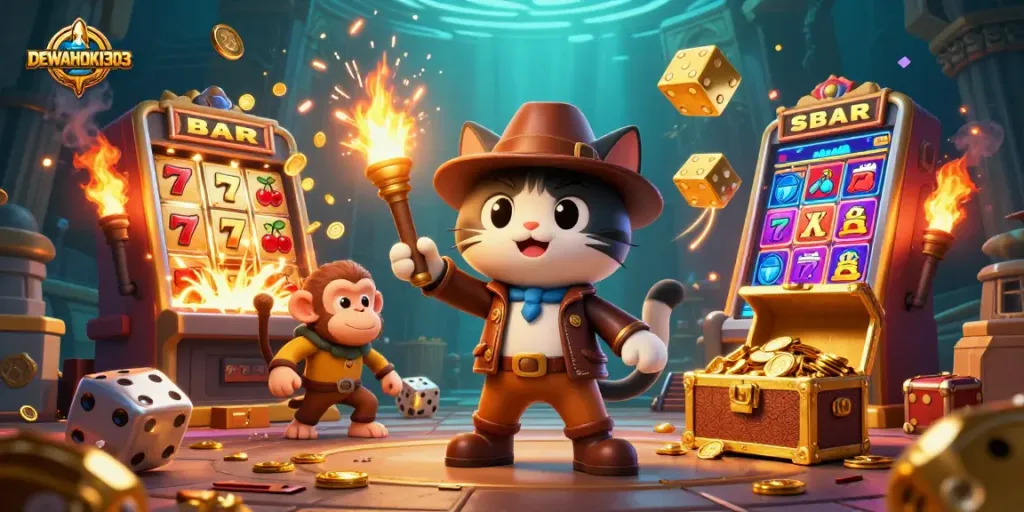 DEWAHOKI303 menghadirkan petualangan menarik di slot online dengan ilustrasi kucing arkeolog dan kawanannya.