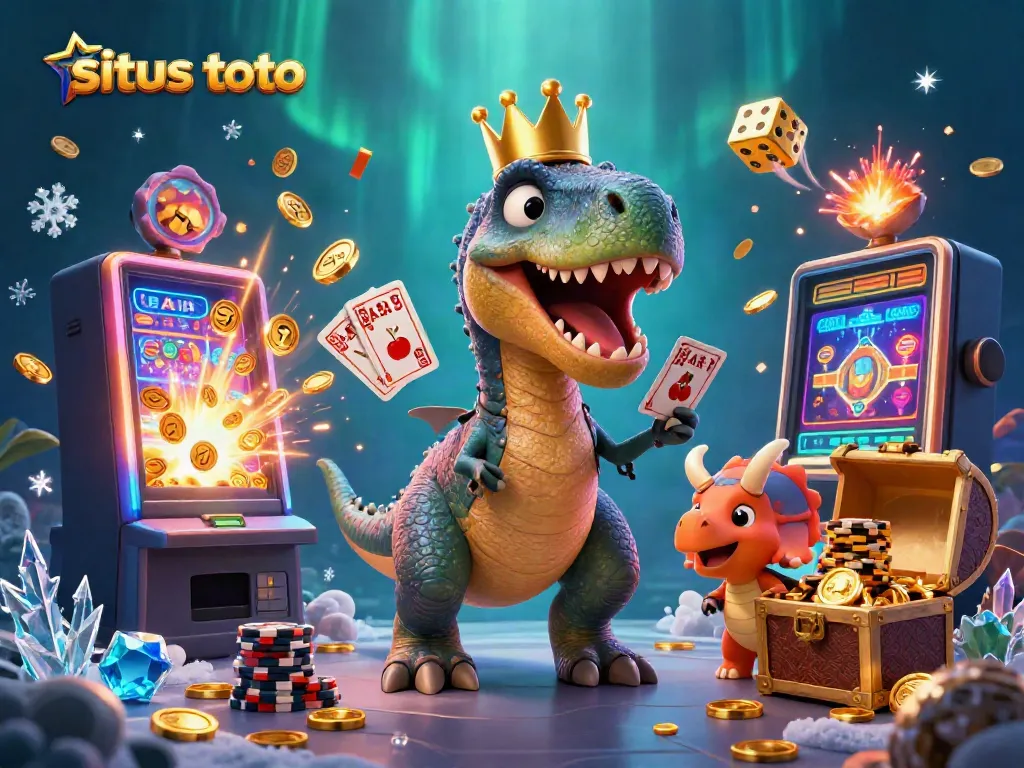 Experience the vibrant world of situs toto with a playful T-Rex and friends amidst a joyous casino scene.