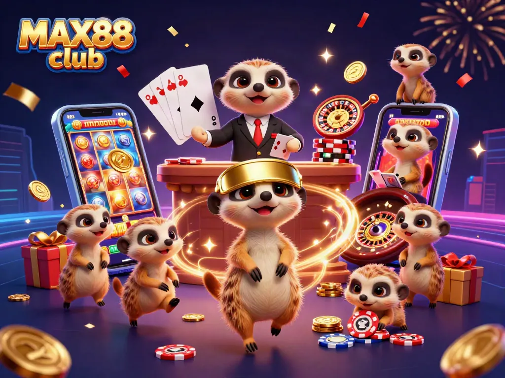 Experience thrilling gaming action at MAX88 club with vibrant meerkats in a casino setting.