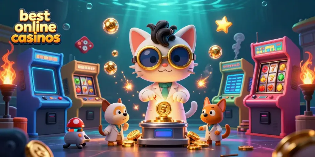 Experience the excitement of the best online casinos through a whimsical 3D cartoon scene.