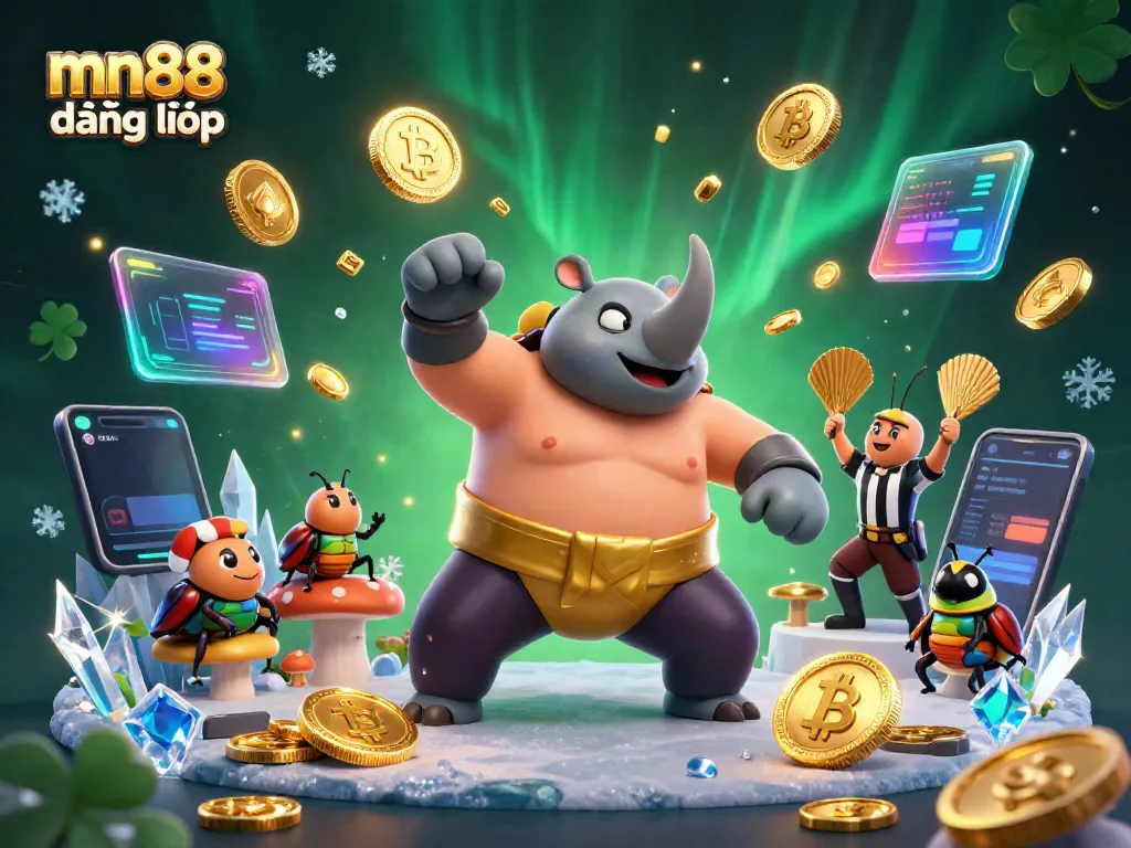 Experience the thrill of mn88 đăng nhập with a vibrant scene of a beetle sumo champion and crypto elements.